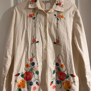 Floral Embroidered Button Down Shirt - Cream